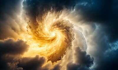 Wall Mural - Swirling clouds merge warm golden hues mix with cooler blues in atmospheric vortex