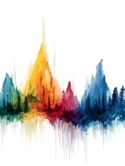 Aufkleber - Rainbow Pulse Waveform Flowing Through Vibrant Mountain Peaks Amidst Lush Greenery and Tranquility