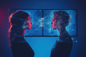 programmers connecting through digital network visualization on computer screens