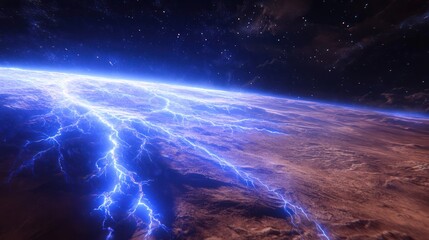 Wall Mural - a beautiful planet with lightning storms and a starry night sky