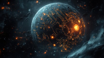 Wall Mural - futuristic cyber planet covered with illuminating orange and yellow lights