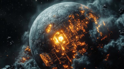 Wall Mural - a futuristic planet covered in glowing circuitry in space