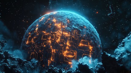Wall Mural - a futuristic planet displays technological energy within a cosmic setting