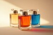 © Roman P. - Elegant perfume bottles in vibrant hues, casting colorful shadows. Glass containers with clear caps gleam.