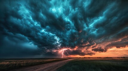 Wall Mural - a dramatic stormy sky with dark, swirling clouds and a lightning bolt striking in the distance.