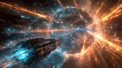 Wall Mural - A futuristic spaceship travels through a cosmic energy tunnel