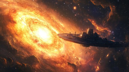 Wall Mural - A grand spaceship exploring near a bright and massive nebula