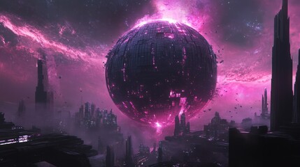 Wall Mural - a futuristic cityscape scene featuring a glowing spherical planet