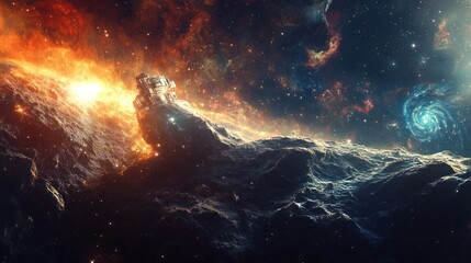 Wall Mural - A futuristic space station rests on a rocky celestial object