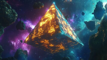 Wall Mural - an illuminated geometrical pyramid floats amidst celestial space debris
