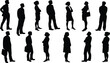 © Trustbeeit.com - silhouettes, group of people, diverse poses, walking figures, standing figures, black and white, minimalist design, side view, front view, back view, human outlines, urban crowd, lifestyle illustratio