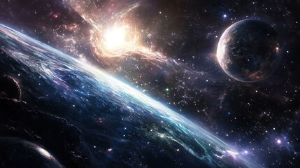Wall Mural - Cosmic view of a distant planet and other celestial bodies