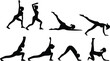 © Trustbeeit.com - silhouette yoga poses, dynamic stretching figures, black and white illustration, minimalist fitness icons, sequence of exercise movements, flexibility demonstration, athletic body shapes, graphic desi