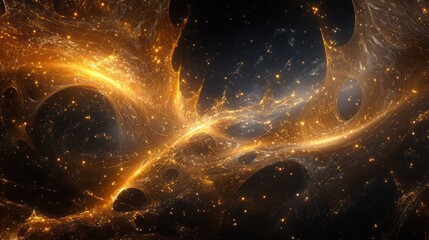 Wall Mural - Abstract glowing golden filaments and cosmic stellar formations float in space