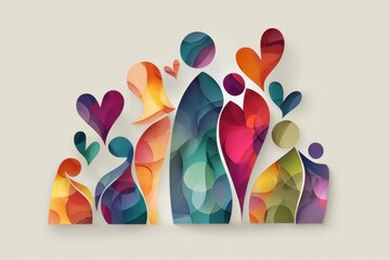 Poster - Colorful Hug Icon Created From Abstract Human Shapes and Vibrant Hearts Expressing Love and Unity