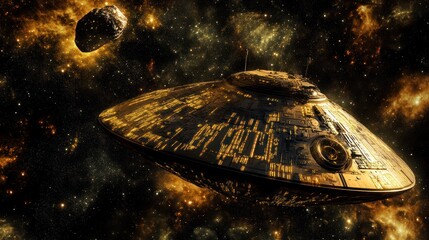 Wall Mural - a futuristic spacecraft floats in deep space with a celestial background