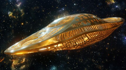 Wall Mural - a golden spaceship flies through the vast star filled cosmic darkness