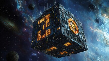 Wall Mural - a giant futuristic cubic structure floating in deep space