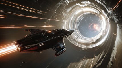 Wall Mural - A futuristic spacecraft is traveling inside a large space tunnel