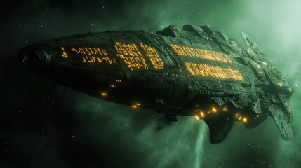 Wall Mural - a massive alien spacecraft floats through the deep green starlit space