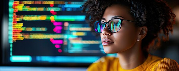 Woman looking at code on advanced software technology concept. Focused programmer analyzing code on a large computer screen.