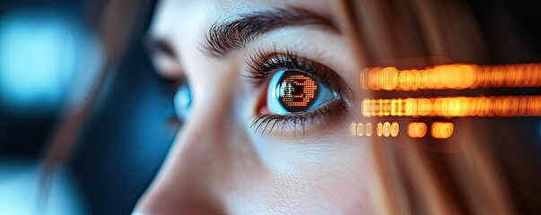 Woman looking at code on computer programming data concept. Close-up of a woman's eye with a digital interface reflecting.