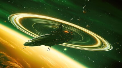 Wall Mural - a large spaceship traveling through a galactic green cosmic ring