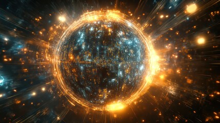 Wall Mural - futuristic digital planet illuminated by glowing orange and blue lights