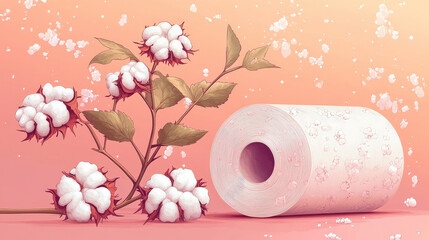 Poster - pastel illustration features cotton plant with fluffy white bolls next to roll of toilet paper, set against soft gradient background