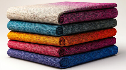 Aufkleber - stack of colorful cotton polyester fabric swatches in vibrant shades of pink, blue, orange, and gray is neatly arranged, showcasing texture and variety