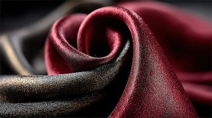 Poster - Luxurious shiny satin fabric with smooth finish, featuring rich burgundy and black colors, elegantly draped in soft folds. Perfect for fashion and interior design