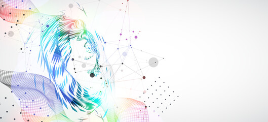 Leinwandbilder - Wireframe wave with swirling pattern of colored elements in the center. Scientific background. Vector.