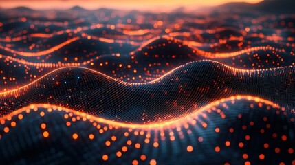 Wall Mural - Digital wave, sunset, glowing particles, abstract background, tech