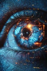 Wall Mural - close-up digital eye with futuristic technology and blue illuminated data patterns