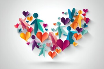 Poster - Colorful Hug Icon Created With Abstract Human Shapes and Vibrant Hearts Symbolizing Unity and Love in an Artistic Design