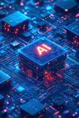 Wall Mural - futuristic motherboard showing an advanced ai chip with glowing circuitry