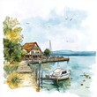 © Aquir - Lake Balaton. Lake Balaton hand drawn watercolor illustration