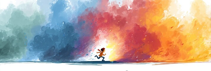 Poster - Joyful Heart Character Runs Through Vibrant Colorful Mist in a Whimsical Landscape Filled With Bright Swirling Colors