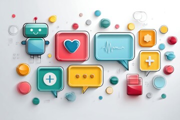 Poster - Modern Healthcare Chatbot With Colorful Interface Featuring Heart Symbol Among Various Interactive Elements in Digital Format
