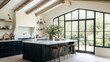 © SimpleLife Stock - Elegant Kitchen Interior: A beautifully lit, spacious kitchen with dark cabinets, wooden beams, and a large window showcasing an outdoor view, embodying the essence of comfortable living.