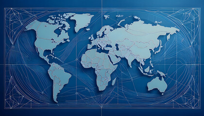 stylized world map with blue background and intricate line patterns