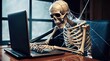 © Nikolai - Skeleton is sitting at a computer and using a laptop. The skeleton is wearing a spider web and he is typing on the laptop. The scene is eerie and unsettling
