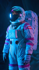 Wall Mural - Astronaut in a spacesuit standing against a dark background galaxy reflection in helmet visor bathed in blue and purple light.