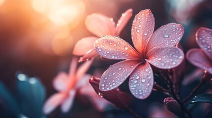 Poster - A close-up of a flower with drops of water on its soft, pink petals, glowing in natural light, adding a refreshing and calm atmosphere to the scene