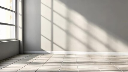 Fototapete - Natural light illuminating empty room with tiled floor and large window changes throughout the day. Creating various shadow patterns. Ideal for architectural visualization or interior design projects