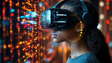 Woman uses VR headset, data center background