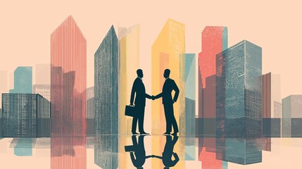 Poster - Handshake between two businessmen with city buildings in the background