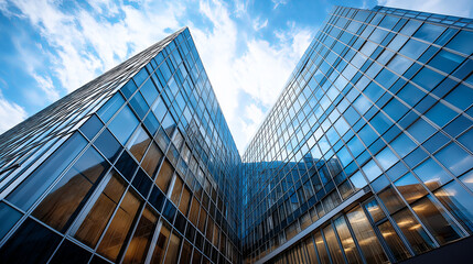 Poster - Modern corporate building with glass reflection and blue sky