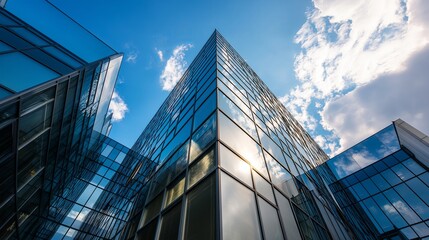 Poster - Modern corporate building with glass reflection and blue sky