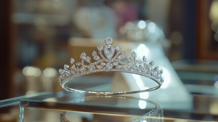 Poster - A delicate diamond tiara placed on a glass display, shining brightly and symbolizing royalty and opulence in a glamorous setting.